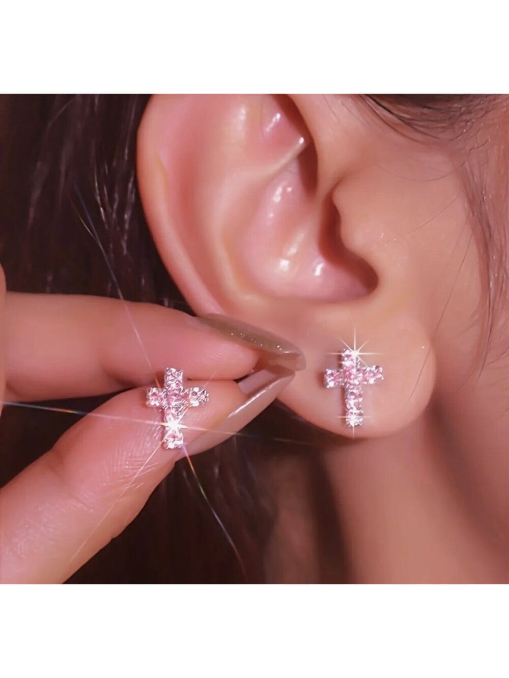 New - Gorgeous -Sparkling Rhinestone Cross Stud
Earrings - Pink